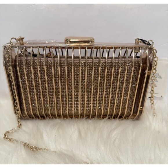 Zara Limited Edition Rhinestones Metallic Golden Cage Style Box Clutch Bag Chain - Picture 5 of 14